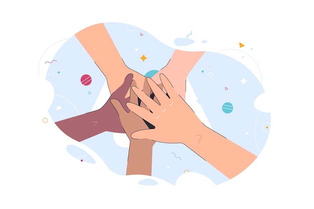 Les gens ont joint leurs mains. Le concept abstrait de nationalité diverse collabore ensemble. Equipe, but