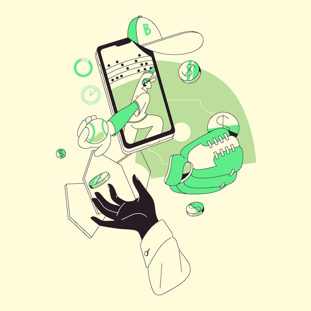 Les gens parient sur le sport concept en ligne Jouer personne pariant sur un match de baseball sur Internet Mains avec des pièces de monnaie jouer à des jeux de hasard App mobile du service de bookmaker Illustration de vecteur isolé plat