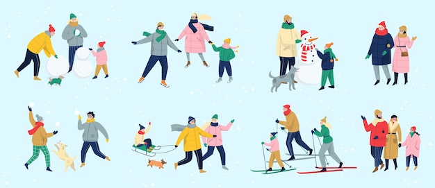 Vecteur les gens passent du temps à l'extérieur en hiver. les gens en vêtements chauds faisant des activités hivernales. activité hivernale en famille. saison froide, patinage sur patinoire et fabrication d'un bonhomme de neige, ski. illustration