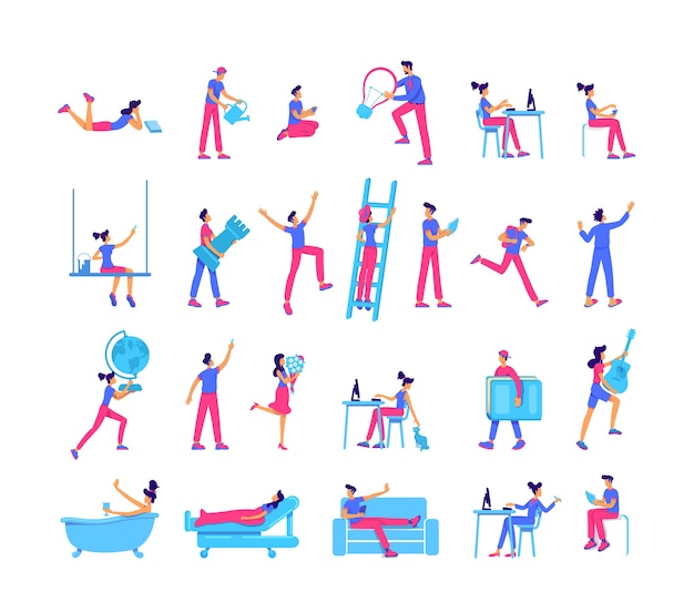 Les gens passent du temps libre jeu de caractères sans visage de couleur plate. Apprentissage et croissance, loisirs, loisirs, illustration de dessin animé isolé pour la conception graphique Web et la collection d'animation