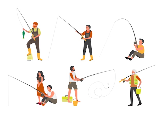 Les gens pêchent avec une canne à pêche et un ensemble de ned. Activité de plein air d'été, tourisme nature. Les gens avec du matériel de pêche et du poisson. Compétition de pêche sportive. illustration