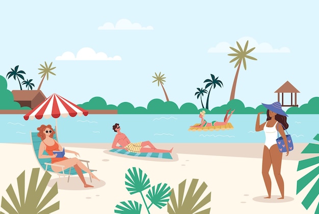 Vecteur les gens sur la plage mer vacances d'été concept illustration de conception graphique