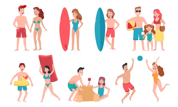 Vecteur les gens de la plage. vacances en famille vacances, bain de soleil sur la plage et amis heureux illustration de dessin animé amusant d'été