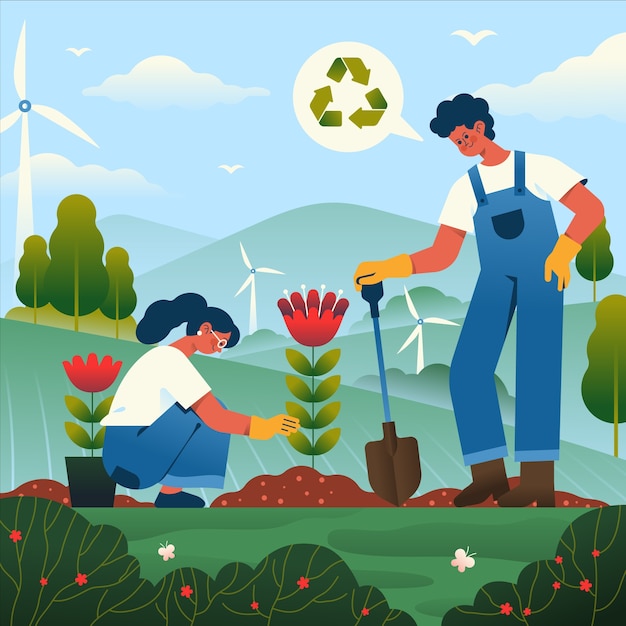 Des gens plantent des fleurs dans un jardin avec un symbole de recyclage et des éoliennes.