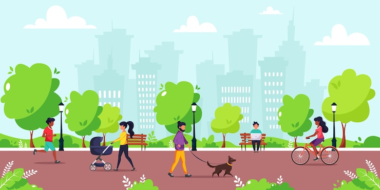 Vecteur les gens pratiquant diverses activités de plein air dans le parc. courir, faire du vélo, promener le chien, marcher avec une poussette. illustration de concept de mode de vie sain.