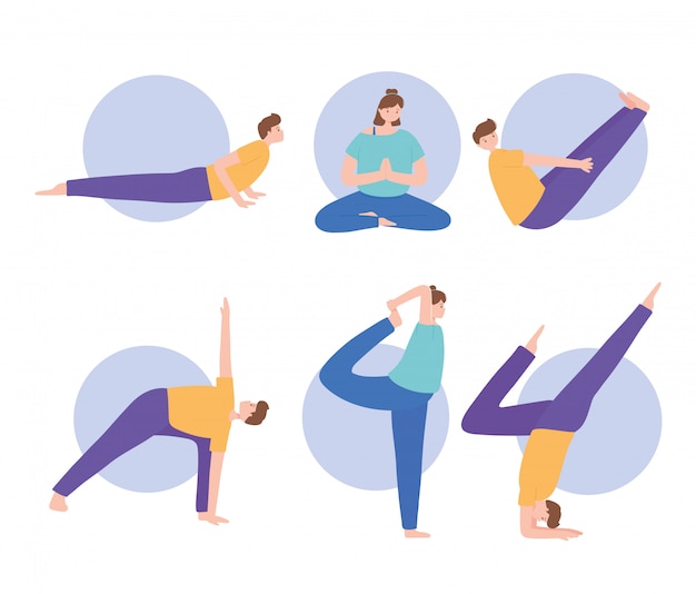 Les Gens Pratiquant Le Yoga Posent Différents Exercices, Mode De Vie Sain, Pratique Physique Et Spirituelle Ensemble Illustration