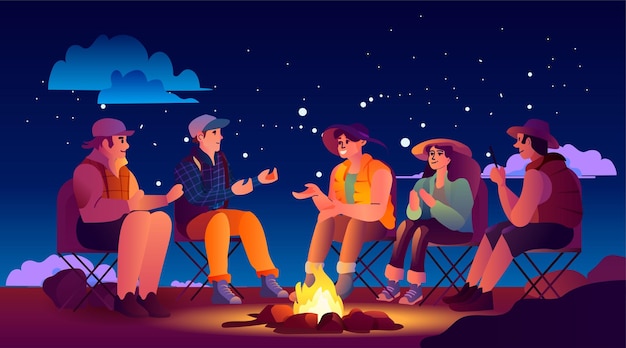 Vecteur les gens près de la zone de camping de tente avec feu de camp de nuit camping de camp d'été voyage concept de vacances