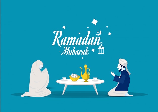 Les Gens Prient Dieu Avant De Manger Le Jeûneur Illustrateur Du Ramadan Kareem.