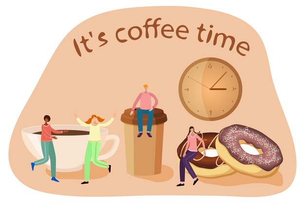 Vecteur les gens profitent d'une pause-café le café est làdans l'horloge et l'inscription c'est l'heure du café