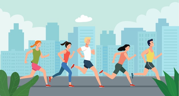 Les gens qui courent le marathon sur le fond de la ville. Illustration vectorielle style plat