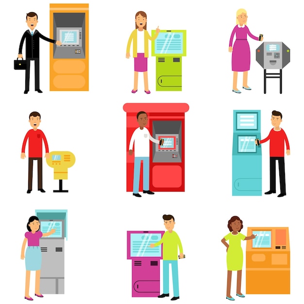 Les gens qui font des dépôts ou des retraits d'argent dans des guichets automatiques, un homme et une femme utilisant un terminal automatique, des illustrations vectorielles colorées isolées sur fond blanc.