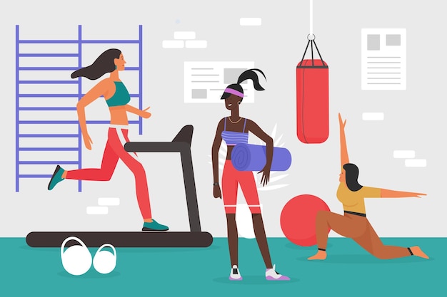 Les gens qui font du sport dans la salle de gym jeune femme sportive corps de formation sur tapis roulant