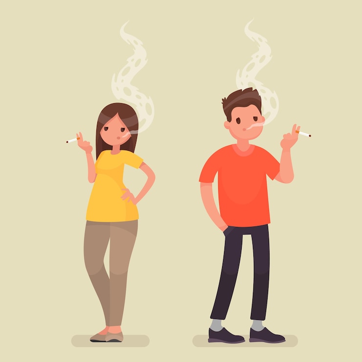 Vecteur les gens qui fument. homme et femme avec une cigarette sur isolé. dans un style plat