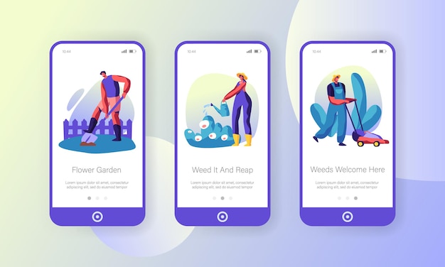 Les gens qui poussent, plantent et entretiennent des plantes dans le concept de jardin pour site Web ou page Web. Arroser les fleurs, tondre la pelouse, creuser le sol Hobby Mobile App Page ensemble d'écran à bord, dessin animé plat Vector Illustration