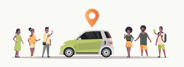 Vecteur les gens qui utilisent l'application mobile de commande automatique avec l'emplacement de la broche en ligne taxi partage de voiture concept de covoiturage service de partage de voitures horizontal