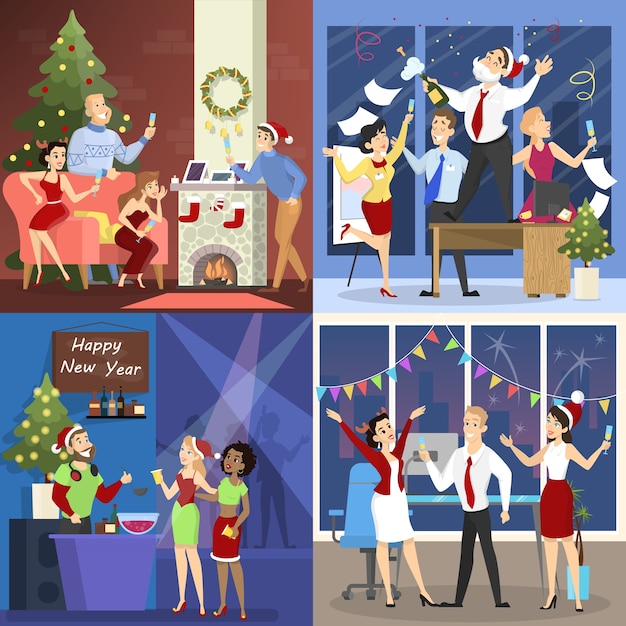 Les Gens S'amusent Sur Le Plateau De La Fête De Noël. Collection De Bureau Et Fête Du Club En Bonne Compagnie. Célébration Du Nouvel An. Illustration Vectorielle En Style Cartoon