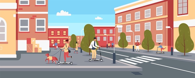 Les Gens Sur Le Scooter Dans La Ville Les Personnages De Dessins Animés Montent Un Scooter électrique Dans La Circulation Routière Concept De Location De Scooter De Transport Urbain Moderne Illustration Vectorielle De Véhicule Urbain