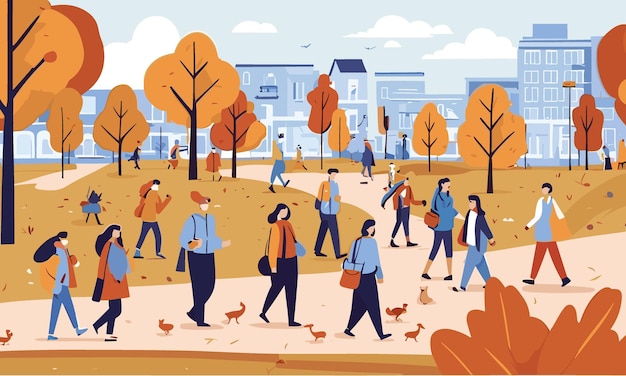 Les Gens Se Rassemblent En Ville Par En Automne, En Plein Air, Personnages Vectoriels Plats En Ville