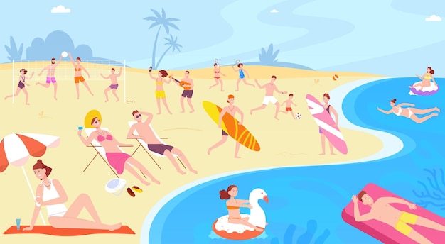 Les Gens Se Reposent Sur La Plage De L'île Personne Apprécie Les Paysages De Mer Horizon De L'océan Voyage Vacances D'été Femme Heureuse En Bikini Cocktail De Glace Et Vacanciers Amusants Splendide Illustration Vectorielle