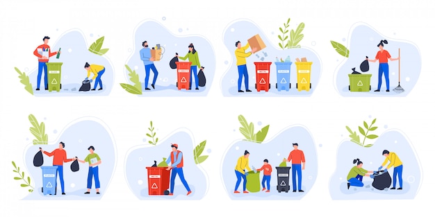 Vecteur les gens séparent les ordures. journée de l'environnement recycler les ordures, les familles avec enfants trient et séparent les déchets pour réduire l'ensemble d'illustrations de la pollution de l'environnement. activistes éco avec des poubelles