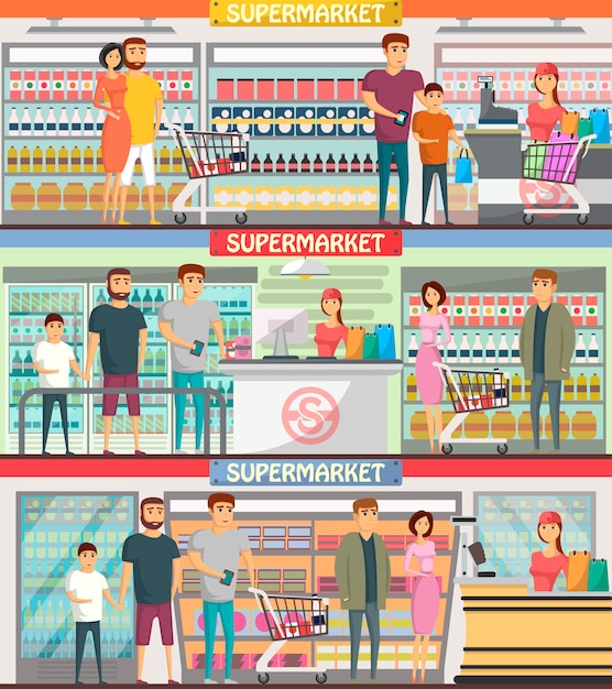 Gens Shopping Dans Les Bannières De Supermarchés