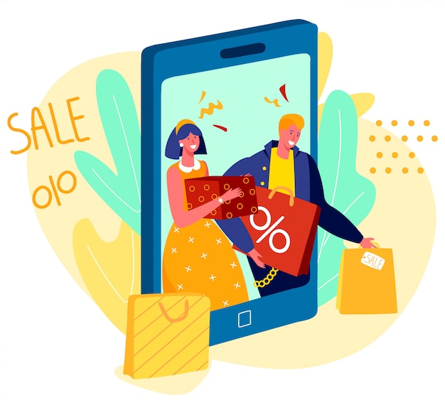 Les Gens Shopping En Ligne, Vente Dans L'app Store Mobile, Illustration Vectorielle Couple Heureux