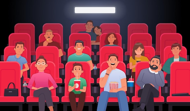 Les gens sont assis sur des chaises et regardent un film au cinéma manger des boissons des boissons regarder un film