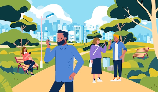 Vecteur les gens sortent au parc mais occupés avec leur propre illustration extérieure de parc de smartphone