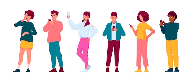 Les gens avec des téléphones Les personnages masculins et féminins communiquent via des smartphones Jeunes hommes et femmes tenant des téléphones portables