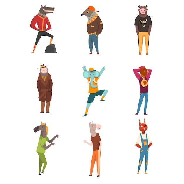 Gens avec des têtes d'animaux mis loup aigle hibou renard coq éléphant cheval taureau personnages portant des vêtements à la mode vecteur Illustration isolé sur fond blanc