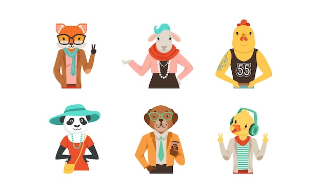 Vecteur des gens avec des têtes d'animaux, des personnages de mammifères portant des vêtements à la mode.