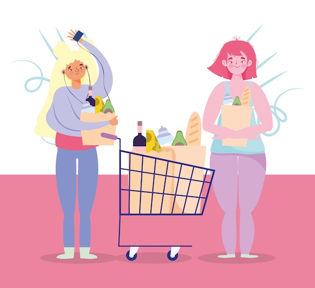 Les Gens Thésauriser L'achat, Femme Et Fille Avec Panier Et Sacs De Supermarché