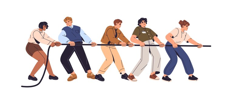 Vecteur gens de tir à la corde concept de confrontation d'affaires employés en équipe tirant de la corde groupe d'employés de bureau s'affrontent contre des concurrents dans le travail d'équipe illustration de vecteur isolé plat sur blanc