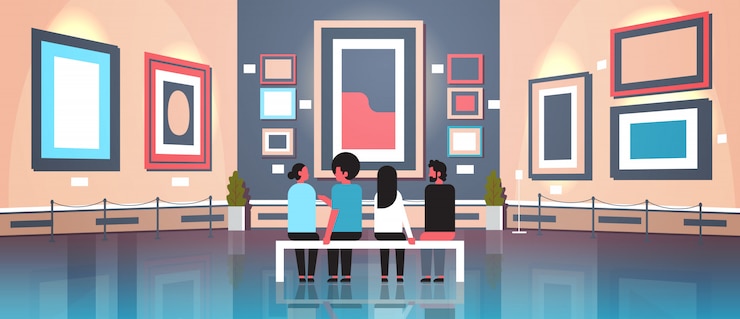 Vecteur gens touristes visiteurs à l'intérieur de la galerie d'art moderne musée intérieur assis sur un banc à la recherche de peintures contemporaines œuvres d'art ou des expositions