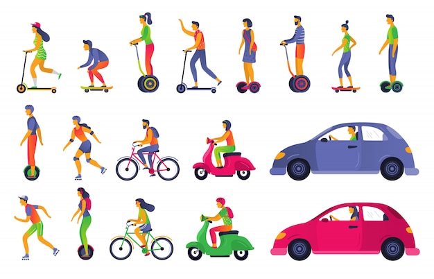 Les Gens Sur Les Transports Urbains. Hoverboard Scooter électrique, Segway Et Patins à Roulettes. Véhicule De Ville Et Illustration De Voiture De Transport