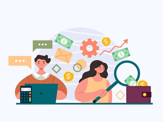Les gens travailleurs homme femme personnages comptant les bénéfices de l'entreprise les gens d'affaires les travailleurs des personnages de l'équipe concept