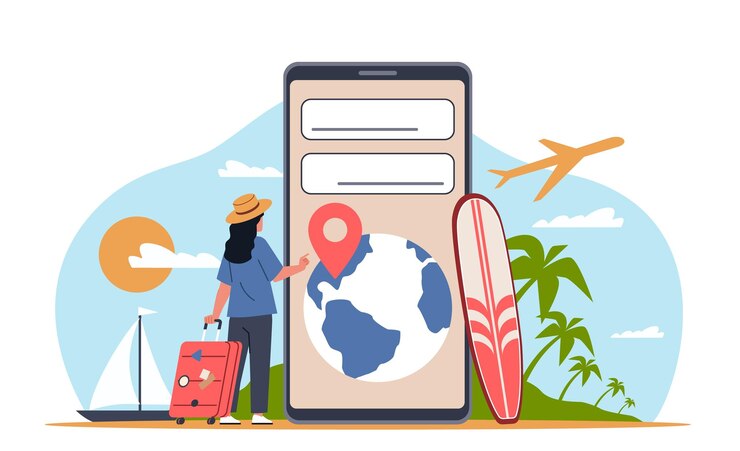 Vecteur les gens utilisent les fonctions du smartphone cartoon girl voyageur à la recherche d'appartements n'importe où dans le monde application de voyage mobile énorme téléphone réservation en ligne illustration de dessin animé concept vectoriel d'aujourd'hui