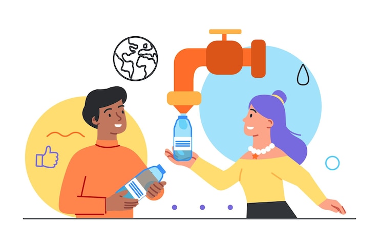 Vecteur les gens utilisent des objets en plastique pour remplir des bouteilles d'eau, la pollution environnementale et terrestre, une métaphore abstraite.