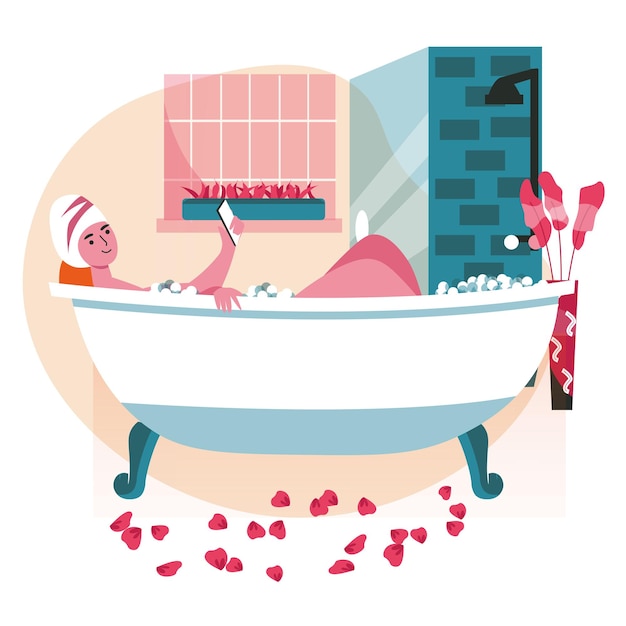 Vecteur les gens utilisent des smartphones dans différents lieux concept de scène. femme allongée dans la baignoire et naviguant ou réseautant, se relaxant dans les activités des gens de la salle de bain. illustration vectorielle de personnages au design plat