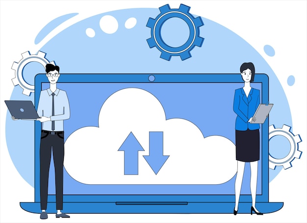 Vecteur les gens utilisent le stockage en nuagele concept de stockage de données en nuage et son utilisationles gens et un ordinateur portable avec le nuage