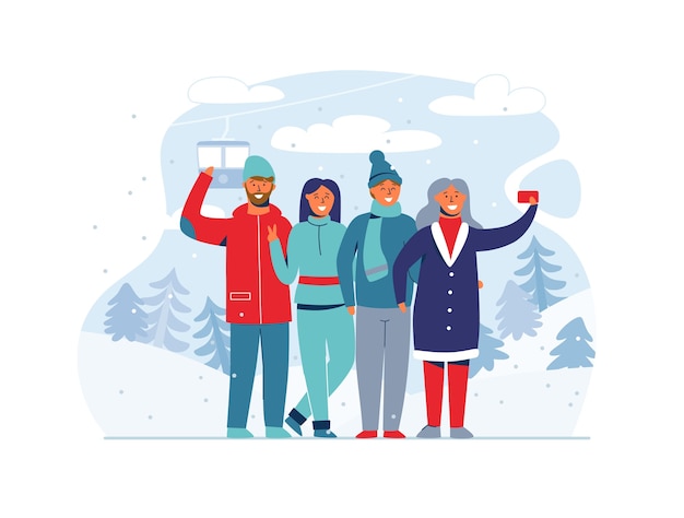 Vecteur les gens de vacances d'hiver sur la station de ski. personnages heureux prenant selfie avec smartphone. dessin animé homme et femme sur paysage enneigé.