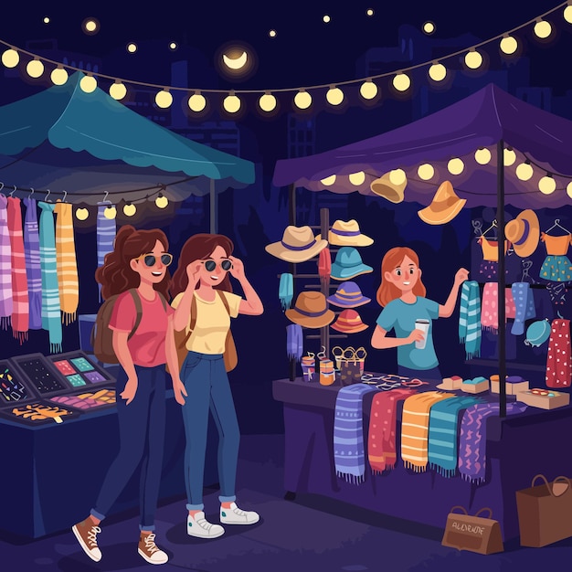 Des gens visitant le marché de nuit avec des foulards colorés et des marchandises diverses
