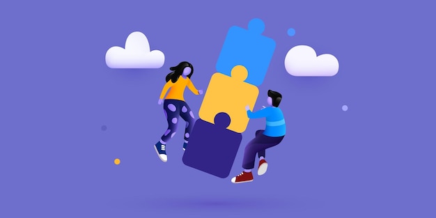 Les gens volent autour du concept de travail d'équipe et de partenariat de coopération de puzzle