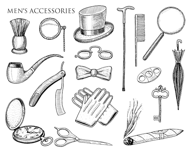 Gentleman accessoires hipster ou homme d'affaires ère victorienne gravé à la main vintage brogues porte-documents moustache chemise et cigare cylindre chapeau fumer pipe rasoir droit monocle pincenez