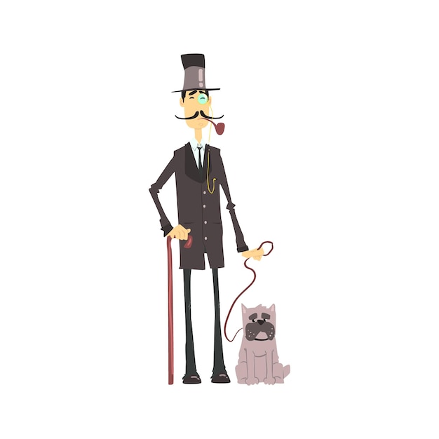 Vecteur gentleman anglais avec bulldog plat isolé vecteur simple dessin sur fond blanc dans un style de dessin animé drôle