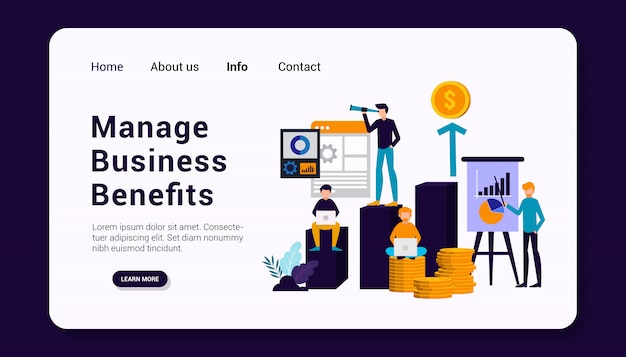 Gérer Le Modèle De Page De Destination Des Avantages Commerciaux Avec Le Concept De Groupe Humain D'entreprise, Design Plat.