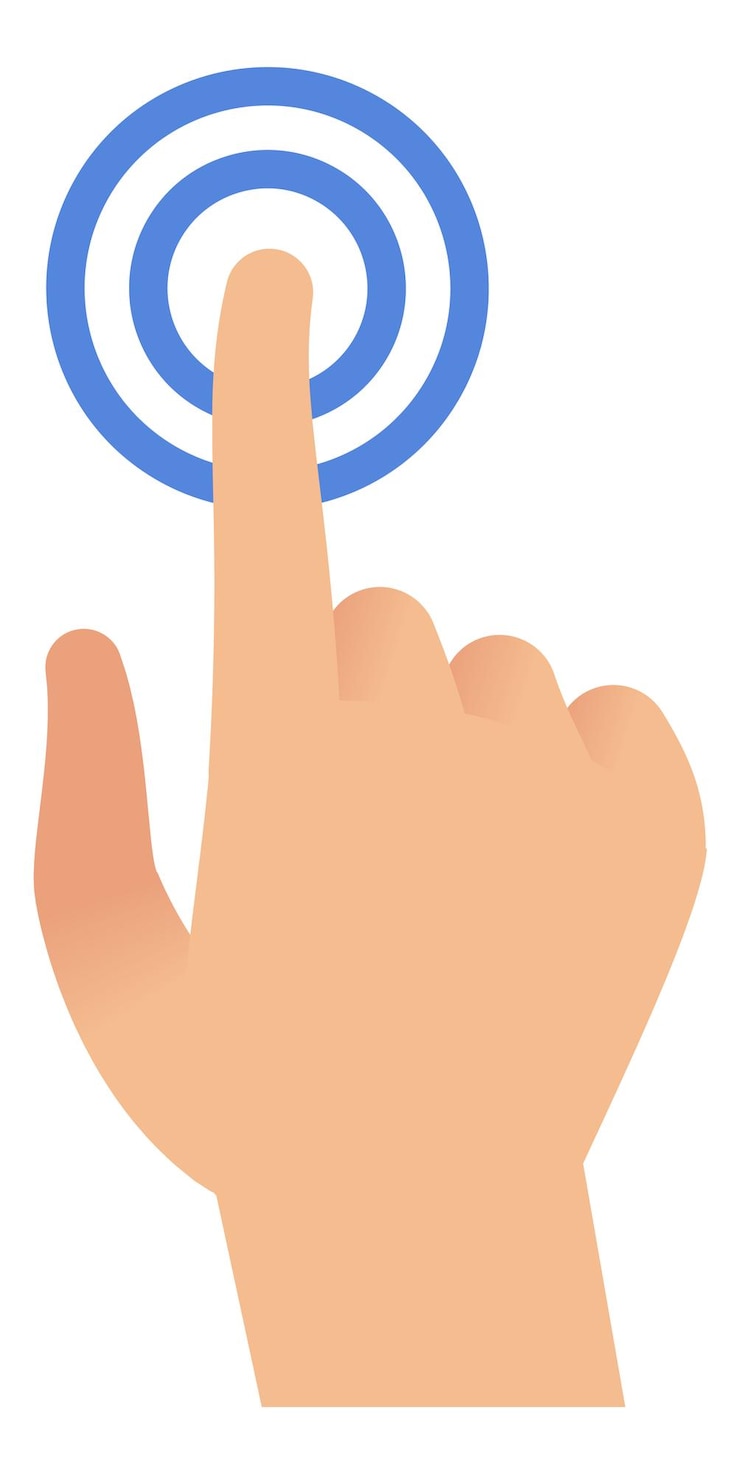 Vecteur geste de la main à écran tactile paume d'homme plat avec doigt appuie sur le bouton bleu smartphone ou tablette avec panneau de commande de signe de pointeur d'écran tactile dans l'illustration isolée de vecteur d'application