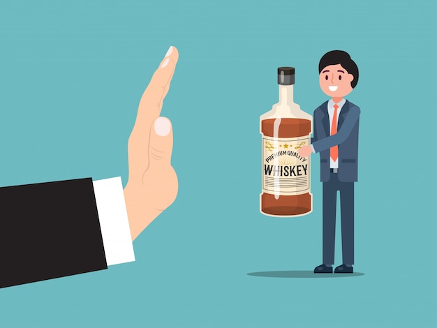 Geste Masculin Arrêter La Consommation D'alcool, Caractère Ivre De L'homme Tenir La Bouteille De Whisky Isolé Sur Bleu, Illustration.