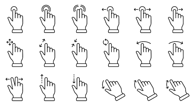 Geste Slide Icône de ligne gauche et droite Définir le doigt de la main Toucher Glisser et faire glisser le pictogramme linéaire