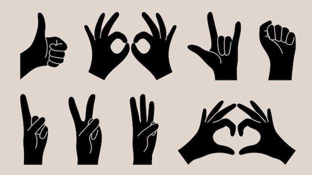 Vecteur gestes de la main silhouettes noires diverses mains vector illustration